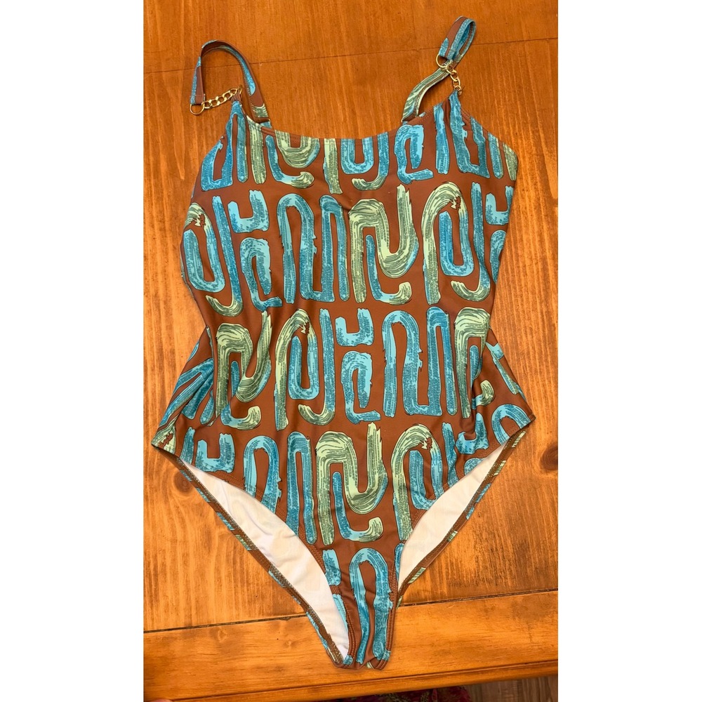 Abstract Print One Piece Swimsuit Brown Teal Gold Chain Straps XL Fits Large